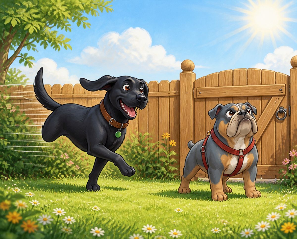 Nora rent op drie poten door de zonnige tuin, Roxy de bulldog kijkt toe bij het hek